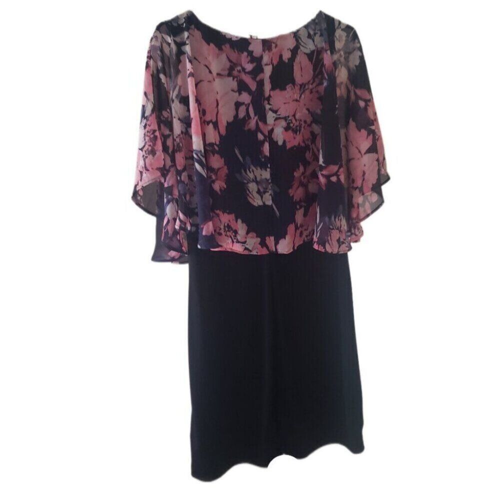 Joie de Vivre Black Sleeveless Dress with Navy Blue & Pink Floral Overlay Cape